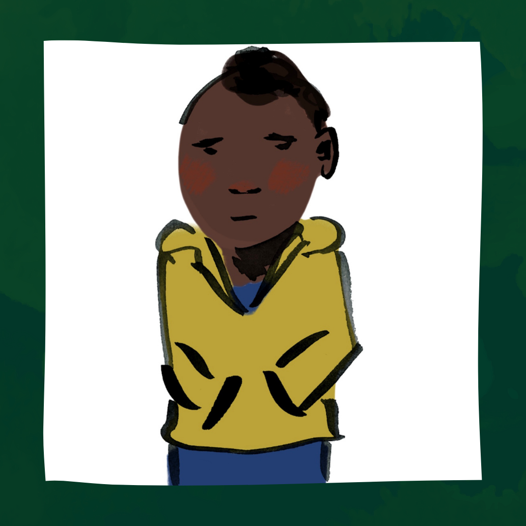 Georgie, a person with brown skin and dark hair, is in a yellow sweatshirt and blue pants. Their hands are in their pockets, and they are facing forward with a concerned expression on their face.