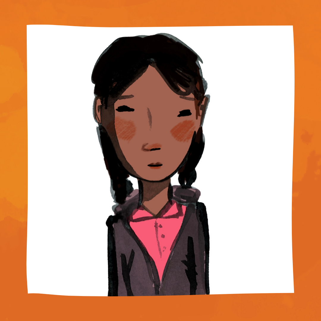 A portrait of Mizba, a young girl with brown skin and black hair twisted into two braids. Mizba has rosy cheeks, and is wearing a pink shirt under a gray sweatshirt.