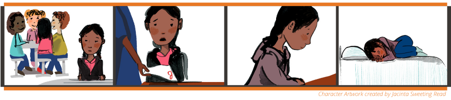 A cartoon strip showing the story of Mizba. In the first picture, Mizba sits alone at a lunch table with her arms folded. She has brown skin, black hair twisted into two braids, and rosy cheeks. She's wearing a black hoodie over a pink shirt. Behind her at a different table sit four of her classmates, smiling at one another. In the second image, Mizba looks dismayed as her teacher hands her a white piece of paper with a 'B' written at the top in red. In the third picture, Mizba is teary eyed, looking down at the ground. In the last image, Mizba lays on her bed, teary eyed, curled in the fetal position. Her bedspread is white with thin, blue stripes.